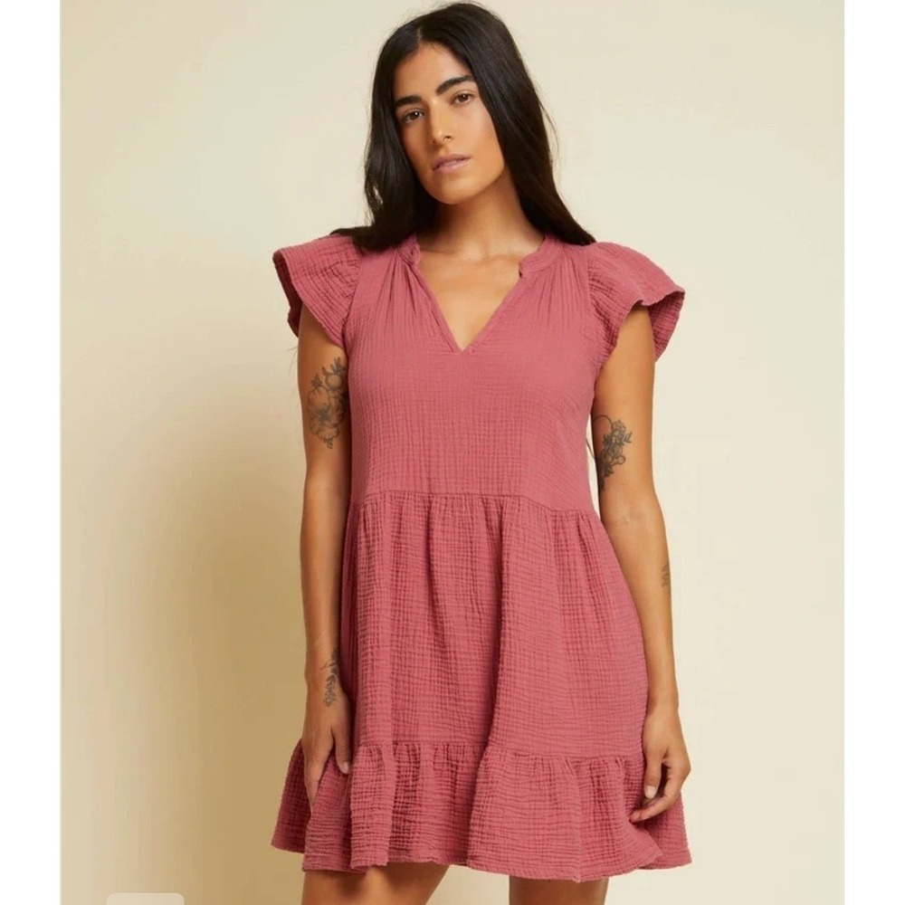 Women's Nation LTD XL Padma Pink Cotton Gauze Tiered Flutter Sleeve Mini Dress
